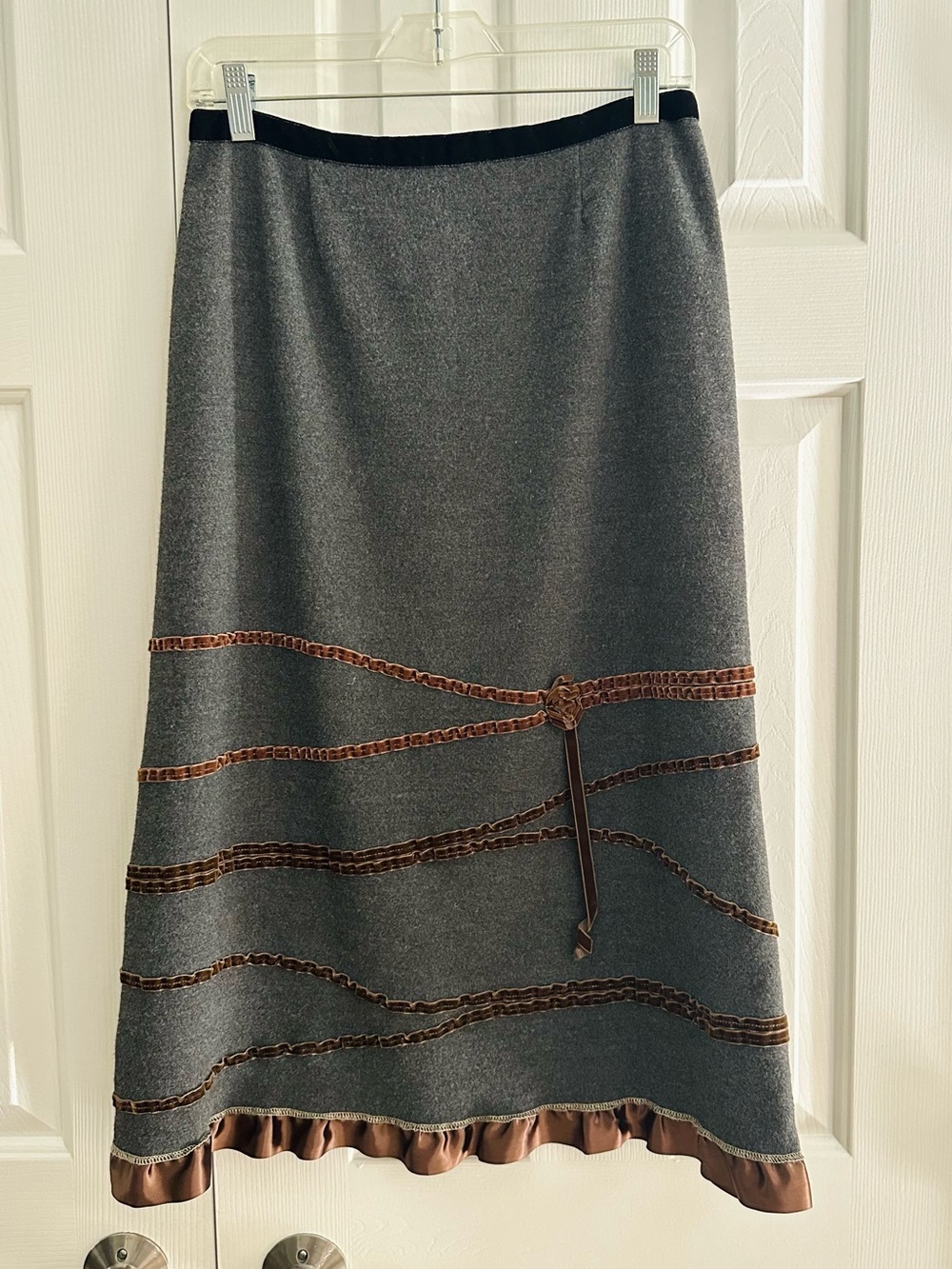 Gray Wool-look Slim line Midi Skirt with Brown Satin Trim neesh by D.A.R.
